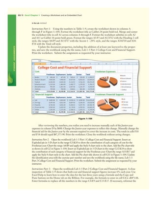 STUDENTASSIGNMENTS
EX 78 Excel Chapter 1 Creating a Worksheet and an Embedded Chart
Instructions Part 1: Using the numbers in Table 1–9, create the worksheet shown in columns A
through F in Figure 1–104. Format the worksheet title as Calibri 24-point bold red. Merge and center
the worksheet title in cell A1 across columns A through F. Format the worksheet subtitles in cells A2
and A11 as Calibri 16-point bold green. Format the ranges A3:F3 and A12:F12 with the Heading 2 cell
style, the ranges A4:F9 and A13:F17 with the Accent 1 - 20% style, and the ranges A10:F10 and A18:
F18 with the Total cell style.
Update the document properties, including the addition of at least one keyword to the proper-
ties, and save the workbook using the ﬁle name, Lab 1-3 Part 1 College Cost and Financial Support.
Print the worksheet. Submit the assignment as requested by your instructor.
After reviewing the numbers, you realize you need to increase manually each of the Junior-year
expenses in column D by $600. Change the Junior-year expenses to reﬂect this change. Manually change the
ﬁnancial aid for the Junior year by the amount required to cover the increase in costs. The totals in cells F10
and F18 should equal $87,373.90. Print the worksheet. Close the workbook without saving changes.
Instructions Part 2: Open the workbook Lab 1-3 Part 1 College Cost and Financial Support. Insert an
Exploded pie in 3-D chart in the range G3:K10 to show the contribution of each category of cost for the
Freshman year. Chart the range A4:B9 and apply the Style 8 chart style to the chart. Add the Pie chart title
as shown in cell G2 in Figure 1–104. Insert an Exploded pie in 3-D chart in the range G12:K18 to show
the contribution of each category of ﬁnancial support for the Freshman year. Chart the range A13:B17 and
apply the Style 8 chart style to the chart. Add the Pie chart title shown in cell G11 in Figure 1–104. Update
the identiﬁcation area with the exercise part number and save the workbook using the ﬁle name, Lab 1-3
Part 2 College Cost and Financial Support. Print the worksheet. Submit the assignment as requested by your
instructor.
Instructions Part 3: Open the workbook Lab 1-3 Part 2 College Cost and Financial Support. A close
inspection of Table 1–9 shows that both cost and ﬁnancial support ﬁgures increase 6% each year. Use
Excel Help to learn how to enter the data for the last three years using a formula and the Copy and
Paste buttons on the Home tab on the Ribbon. For example, the formula to enter in cell C4 is =B4*1.06.
Enter formulas to replace all the numbers in the range C4:E9 and C13:E17. If necessary, reformat the
In the Lab continued
Figure 1–104
 