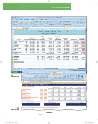 EX 83
Microsoft Ofﬁce Excel 2007
worksheet with
formulas and
functions
(a)
Worksheet
(b)
Web Query
Figure 2–1
worksheet
automatically created
by Web query includes
real-time stock quotes
C6161_EXC_02.4c.indd 83C6161_EXC_02.4c.indd 83 3/6/07 3:27:57 PM3/6/07 3:27:57 PM
 