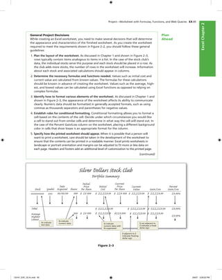 ExcelChapter2
Project—Worksheet with Formulas, Functions, and Web Queries EX 85
General Project Decisions
While creating an Excel worksheet, you need to make several decisions that will determine
the appearance and characteristics of the ﬁnished worksheet. As you create the worksheet
required to meet the requirements shown in Figure 2–2, you should follow these general
guidelines:
1. Plan the layout of the worksheet. As discussed in Chapter 1 and shown in Figure 2–3,
rows typically contain items analogous to items in a list. In the case of the stock club’s
data, the individual stocks serve this purpose and each stock should be placed in a row. As
the club adds more stocks, the number of rows in the worksheet will increase. Information
about each stock and associated calculations should appear in columns.
2. Determine the necessary formulas and functions needed. Values such as initial cost and
current value are calculated from known values. The formulas for these calculations
should be known in advance of creating the worksheet. Values such as the average, high-
est, and lowest values can be calculated using Excel functions as opposed to relying on
complex formulas.
3. Identify how to format various elements of the worksheet. As discussed in Chapter 1 and
shown in Figure 2–3, the appearance of the worksheet affects its ability to communicate
clearly. Numeric data should be formatted in generally accepted formats, such as using
commas as thousands separators and parentheses for negative values.
4. Establish rules for conditional formatting. Conditional formatting allows you to format a
cell based on the contents of the cell. Decide under which circumstances you would like
a cell to stand out from similar cells and determine in what way the cell will stand out. In
the case of the Percent Gain/Loss column on the worksheet, placing a different background
color in cells that show losses is an appropriate format for the column.
5. Specify how the printed worksheet should appear. When it is possible that a person will
want to print a worksheet, care should be taken in the development of the worksheet to
ensure that the contents can be printed in a readable manner. Excel prints worksheets in
landscape or portrait orientation and margins can be adjusted to ﬁt more or less data on
each page. Headers and footers add an additional level of customization to the printed page.
(continued)
Plan
Ahead
Figure 2–3
Xs indicate
text data
$ adjacent to Z
indicates ﬂoating
dollar sign
$ not adjacent to
Z indicates a ﬁxed
dollar sign
Zs indicate
numeric data with
0s suppressed
9s indicate
numeric data
C6161_EXC_02.4c.indd 85C6161_EXC_02.4c.indd 85 3/6/07 3:28:02 PM3/6/07 3:28:02 PM
 