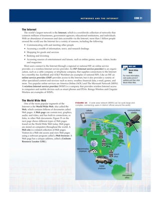 COM 21NETWORKS AND THE INTERNET
The Internet
The world’s largest network is the Internet, which is a worldwide collection of networks that
connects millions of businesses, government agencies, educational institutions, and individuals.
With an abundance of resources and data accessible via the Internet, more than 1 billion people
around the world use the Internet for a variety of reasons, including the following:
• Communicating with and meeting other people
• Accessing a wealth of information, news, and research findings
• Shopping for goods and services
• Banking and investing
• Accessing sources of entertainment and leisure, such as online games, music, videos, books
and magazines
Most users connect to the Internet through a regional or national ISP, an online service
provider, or a wireless Internet service provider. An ISP (Internet service provider) is an organi-
zation, such as a cable company or telephone company, that supplies connections to the Internet
for a monthly fee. Earthlink and AT&T Worldnet are examples of national ISPs. Like an ISP, an
online service provider (OSP) provides access to the Internet, but it also provides a variety of
other specialized content and services such as news, weather, financial data, e-mail, games, and
more. Two popular online services are America Online (AOL) and The Microsoft Network (MSN).
A wireless Internet service provider (WISP) is a company that provides wireless Internet access
to computers and mobile devices such as smart phones and PDAs. Boingo Wireless and Cingular
Wireless are examples of WISPs.
The World Wide Web
One of the more popular segments of the
Internet is the World Wide Web, also called the
Web, which contains billions of documents called
Web pages. A Web page can contain text, graphics,
audio, and video, and has built-in connections, or
links, to other Web documents. Figure 35 on the
next page shows different types of Web pages
found on the World Wide Web today. Web pages
are stored on computers throughout the world. A
Web site is a related collection of Web pages.
Visitors to a Web site access and view Web pages
using a software program called a Web browser. A
Web page has a unique address, called a Uniform
Resource Locator (URL).
telephone
network
Internet
telecommuting
employee
mobile
employee
international
office
communications
satellite
cellular
connection
ISP
main
office
server
branch
office
branch
office
branch
office
FIGURE 34 A wide area network (WAN) can be quite large and
complex, connecting users in district offices around the world.
World Wide
Web
For more information,
visit scsite.com/ic7/
weblink and then click
World Wide Web.
WEB LINK
 