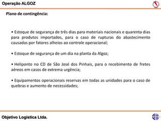 Operação ALGOZ

  Plano de contingência:



     • Estoque de segurança de três dias para materiais nacionais e quarenta dias
     para produtos importados, para o caso de rupturas do abastecimento
     causadas por fatores alheios ao controle operacional;

     • Estoque de segurança de um dia na planta da Algoz;

     • Heliponto no CD de São José dos Pinhais, para o recebimento de fretes
     aéreos em casos de extrema urgência;

     • Equipamentos operacionais reservas em todas as unidades para o caso de
     quebras e aumento de necessidades;




Objetivo Logística Ltda.
 