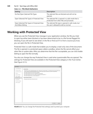 168	 Part III  Next Steps with Office 2010
TABLE 13-1  File block behaviors
Setting Description
Do Not Open Selected File Types The selected files are blocked and will not be
opened.
Open Selected File Types In Protected View The selected file is opened in a safe mode that is
protected from other files and processes.
Open Selected File Types In Protected View
And Allow Editing
The selected file type is opened in safe mode, but
the user is allowed to edit as normal.
Working with Protected View
When you see the Protected View message in your application window, the file you tried
to open has either been blocked or has been determined to be in a file format flagged for
blocking. If you still want to see what’s in the file or find out if it is from a source you trust,
you can open the file in Protected View.
Protected View is a safe mode that enables you to display a read-only view of the document.
The file is opened in a protected space called a sandbox, where the file cannot affect your
other files or system data. After you determine that the file is acceptable, you can click Enable
Editing to open the file normally.
You also can change the way Protected View is used when questionable files are opened. The
settings for Protected View are available in the Protected View category in the Trust Center.
(See Figure 13-3.)
FIGURE 13-3  You can change the Protected View settings used to protect your computer.
 