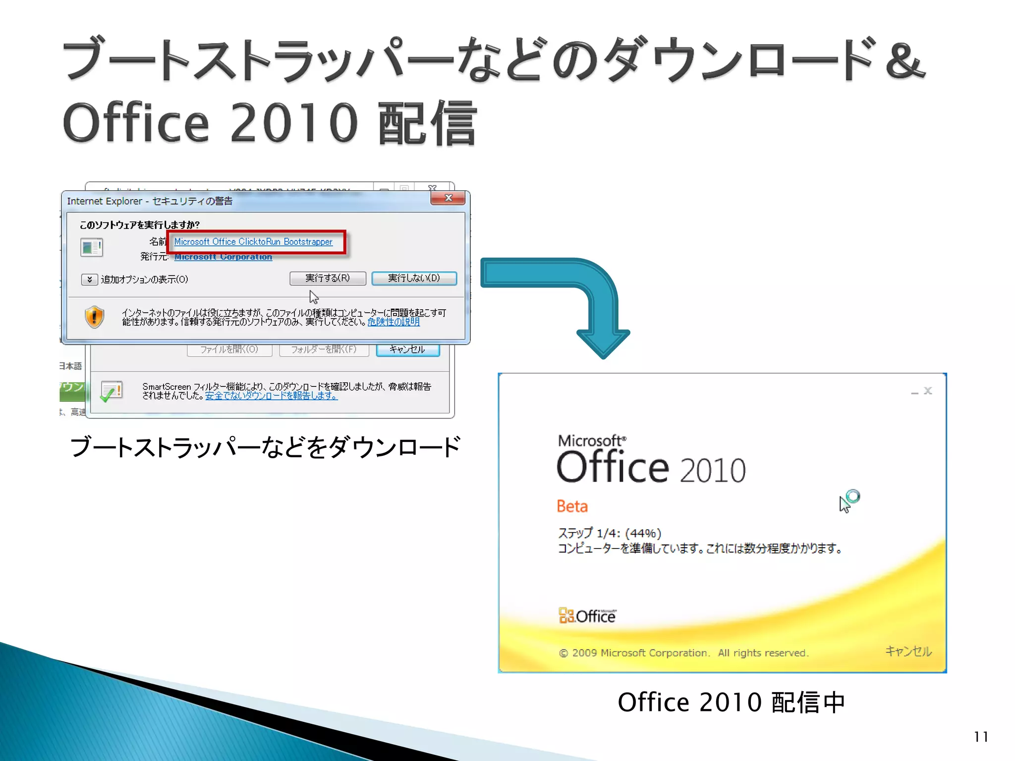 ブートストラッパーなどをダウンロード




                     Office 2010 配信中
                                       11
 