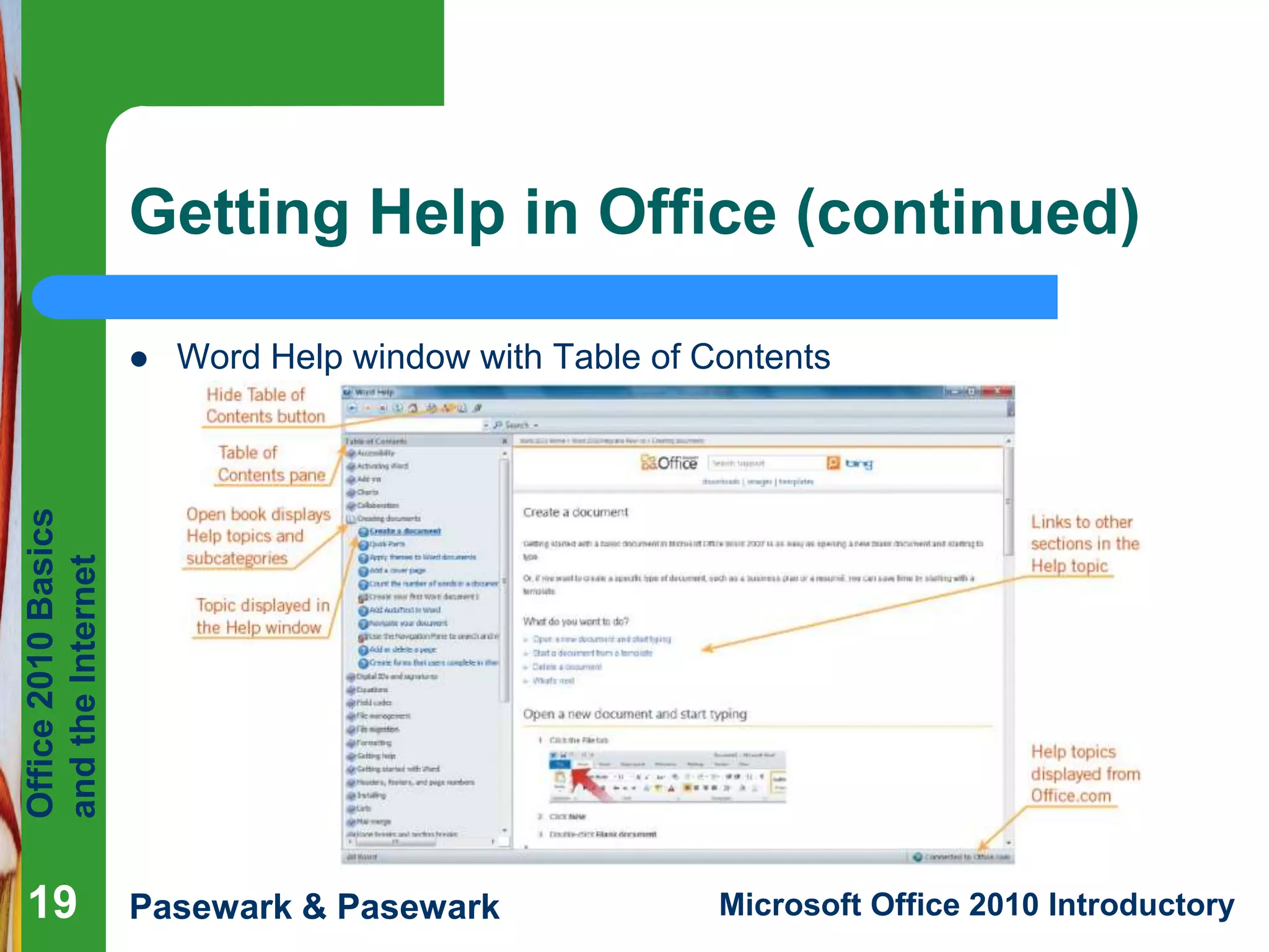 Office
2010
Basics
and
the
Internet
Pasewark & Pasewark Microsoft Office 2010 Introductory
Getting Help in Office (continued)
 Word Help window with Table of Contents
19
 