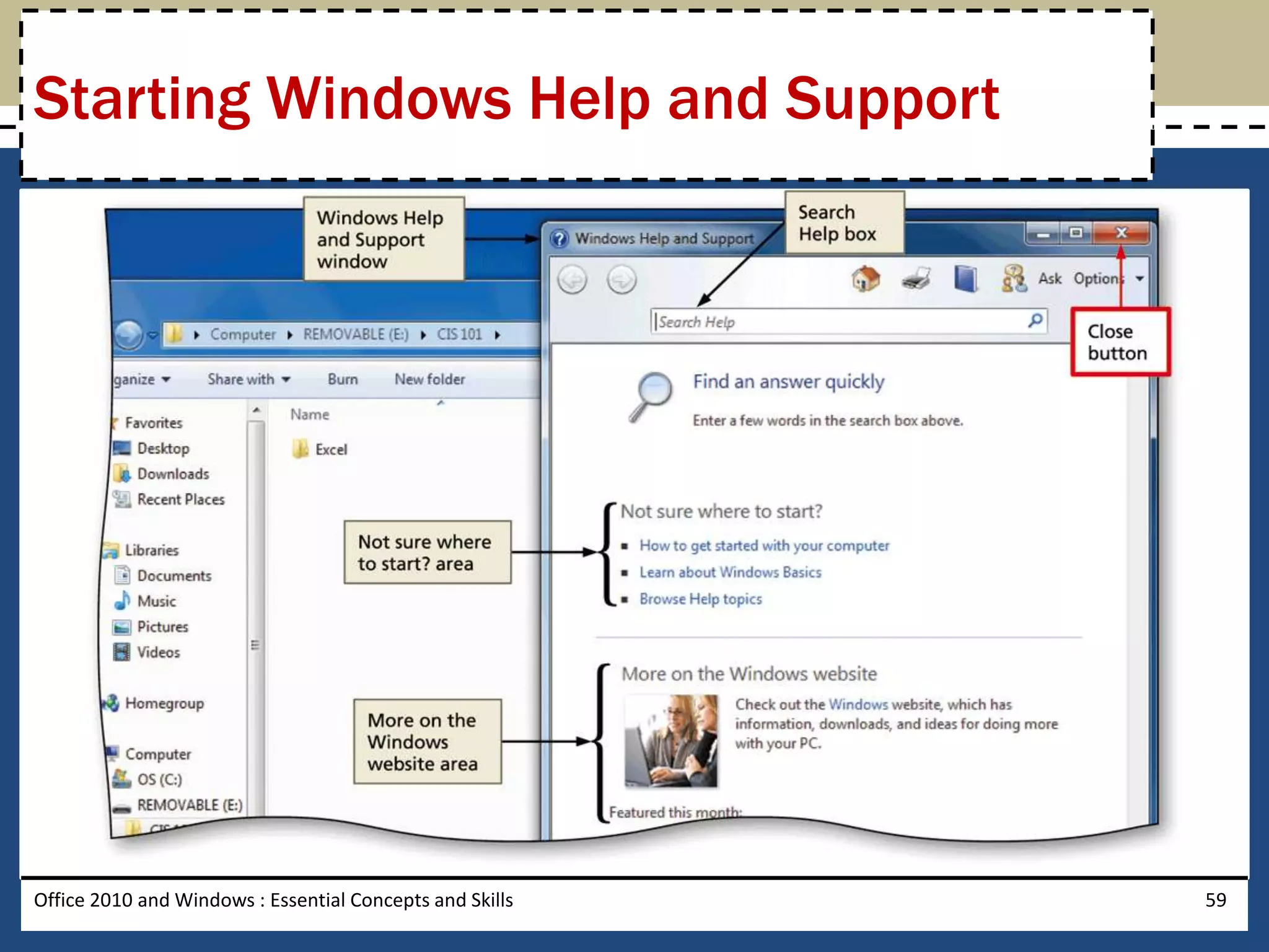 Starting Windows Help and Support




Office 2010 and Windows : Essential Concepts and Skills   59
 