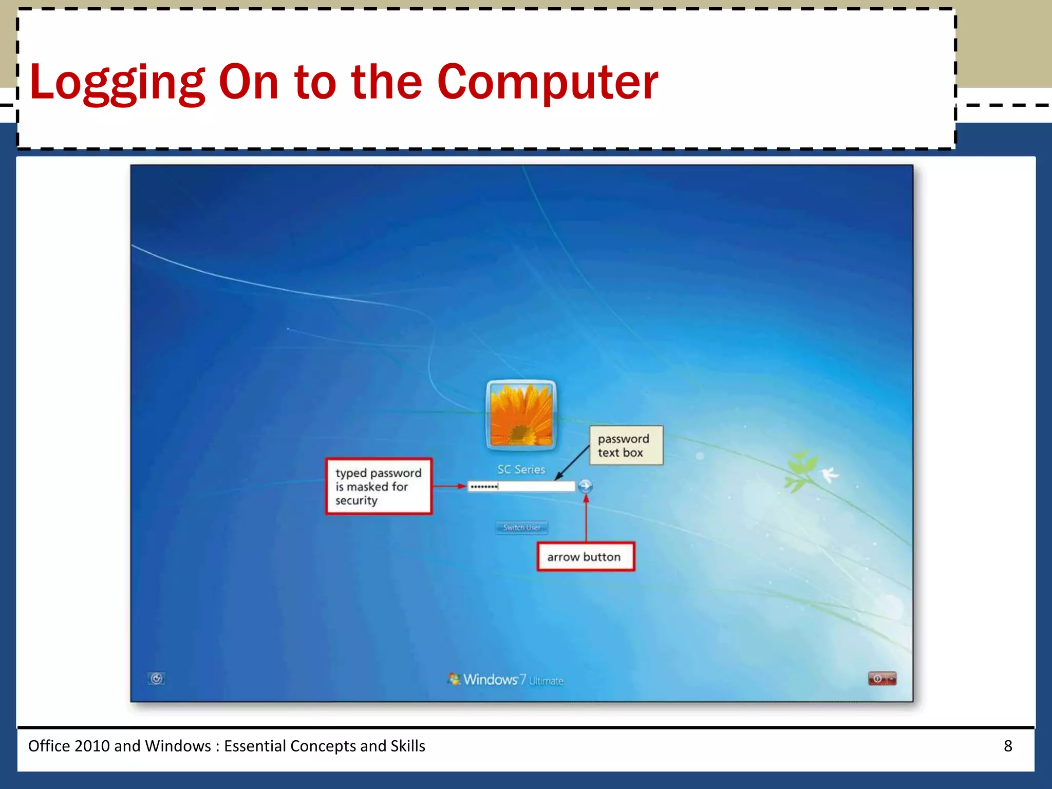 Logging On to the Computer




Office 2010 and Windows : Essential Concepts and Skills   8
 