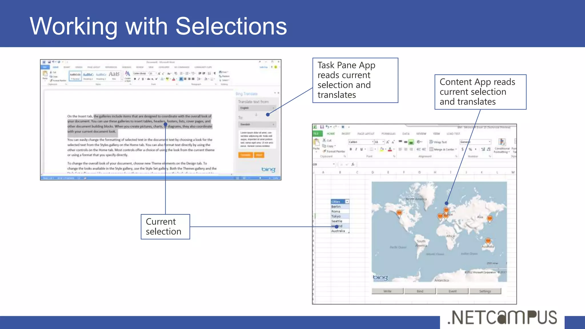 Working with Selections
                          Task Pane App
                          reads current
                          selection and   Content App reads
                          translates      current selection
                                          and translates




          Current
          selection
 