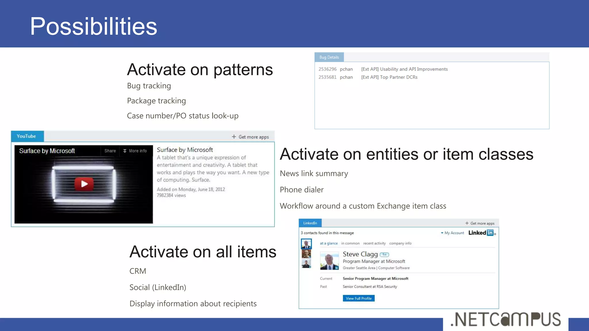 Possibilities
         Activate on patterns
         Bug tracking
         Package tracking
         Case number/PO status look-up
 