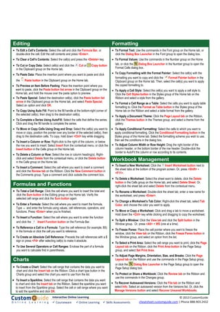 Editing Formatting
• To Edit a Cell’s Contents: Select the cell and click the Formula Bar, or
double-click the cell. Edit the cell contents and press <Enter>.
• To Clear a Cell’s Contents: Select the cell(s) and press the <Delete> key.
• To Cut or Copy Data: Select cell(s) and click the Cut or Copy button
in the Clipboard group on the Home tab.
• To Paste Data: Place the insertion point where you want to paste and click
the Paste button in the Clipboard group on the Home tab.
• To Preview an Item Before Pasting: Place the insertion point where you
want to paste, click the Paste button list arrow in the Clipboard group on the
Home tab, and hold the mouse over the paste option to preview.
• To Paste Special: Select the destination cell(s), click the Paste button list
arrow in the Clipboard group on the Home tab, and select Paste Special.
Select an option and click OK.
• To Copy Using Auto Fill: Point to the fill handle at the bottom-right corner of
the selected cell(s), then drag to the destination cell(s).
• To Complete a Series Using AutoFill: Select the cells that define the series.
Click and drag the fill handle to complete the series.
• To Move or Copy Cells Using Drag and Drop: Select the cell(s) you want to
move or copy, position the pointer over any border of the selected cell(s), then
drag to the destination cells. To copy, hold down <Ctrl> key while dragging.
• To Insert a Column or Row: Right-click to the right of the column, or below
the row you want to insert. Select Insert from the contextual menu, or click the
Insert button in the Cells group on the Home tab.
• To Delete a Column or Row: Select the row or column heading(s). Right-
click and select Delete from the contextual menu, or click the Delete button
in the Cells group on the Home tab.
• To Insert a Comment: Select the cell where you want to insert a comment
and click the Review tab on the Ribbon. Click the New Comment button in
the Comments group. Type a comment and click outside the comment box.
Formulas and Functions
• To Total a Cell Range: Click the cell where you want to insert the total and
click the Sum button in the Editing group on the Home tab. Verify the
selected cell range and click the Sum button again.
• To Enter a Formula: Select the cell where you want to insert the formula.
Type = and enter the formula using values, cell references, operators, and
functions. Press <Enter> when you’re finished.
• To Insert a Function: Select the cell where you want to enter the function
and click the Insert Function button on the Formula Bar.
• To Reference a Cell in a Formula: Type the cell reference (for example, B5)
in the formula or click the cell you want to reference.
• To Create an Absolute Cell Reference: Precede the cell references with a $
sign or press <F4> after selecting cell(s) to make it absolute.
• To Use Several Operators or Cell Ranges: Enclose the part of a formula
you want to calculate first in parentheses.
Charts
• To Create a Chart: Select the cell range that contains the data you want to
chart and click the Insert tab on the Ribbon. Click a chart type button in the
Charts group and select the chart you want to use from the list.
• To Insert a Sparkline: Select the cell range that contains the data you want
to chart and click the Insert tab on the Ribbon. Select the sparkline you want
to insert from the Sparkline group. Select the cell or cell range where you want
to add the sparkline and click OK.
• To Format Text: Use the commands in the Font group on the Home tab, or
click the Dialog Box Launcher in the Font group to open the dialog box.
• To Format Values: Use the commands in the Number group on the Home
tab, or click the Dialog Box Launcher in the Number group to open the
Format Cells dialog box.
• To Copy Formatting with the Format Painter: Select the cell(s) with the
formatting you want to copy and click the Format Painter button in the
Clipboard group on the Home tab. Then, select the cell(s) you want to apply
the copied formatting to.
• To Apply a Cell Style: Select the cell(s) you want to apply a cell style to.
Click the Cell Styles button in the Styles group of the Home tab on the
Ribbon and select a style from the gallery.
• To Format a Cell Range as a Table: Select the cells you want to apply table
formatting to. Click the Format as Table button in the Styles group of the
Home tab on the Ribbon and select a table format from the gallery.
• To Apply a Document Theme: Click the Page Layout tab on the Ribbon,
click the Themes button in the Themes group, and select a theme from the
gallery.
• To Apply Conditional Formatting: Select the cells to which you want to
apply conditional formatting. Click the Conditional Formatting button in the
Styles group of the Home tab. Select the formatting scheme you wish to use,
then set the conditions in the dialog box.
• To Adjust Column Width or Row Height: Drag the right border of the
column header, or the bottom border of the row header. Double-click the
border to AutoFit the column or row according to its contents.
Workbook Management
• To Insert a New Worksheet: Click the Insert Worksheet button next to
the sheet tabs at the bottom of the program screen. Or, press <Shift> +
<F11>.
• To Delete a Worksheet: Select the sheet want to delete, click the Delete
button in the Cells group on the Home tab, and select Delete Sheet. Or,
right-click the sheet tab and select Delete from the contextual menu.
• To Rename a Worksheet: Double-click the sheet tab, enter a new name for
the worksheet, and press <Enter>.
• To Change a Worksheet’s Tab Color: Right-click the sheet tab, select Tab
Color, and choose the color you want to apply.
• To Move or Copy a Worksheet: Click and drag a tab to move a worksheet.
Hold down the <Ctrl> key while clicking and dragging to copy the worksheet.
• To Split a Window: Click the View tab and click the Split button in the
Window group. Or, press <Alt> + WS (one at a time).
• To Freeze Panes: Place the cell pointer where you want to freeze the
window, click the View tab on the Ribbon, click the Freeze Panes button in
the Window group, and select an option from the list.
• To Select a Print Area: Select the cell range you want to print, click the Page
Layout tab on the Ribbon, click the Print Area button in the Page Setup
group, and select Set Print Area.
• To Adjust Page Margins, Orientation, Size, and Breaks: Click the Page
Layout tab on the Ribbon and use the commands in the Page Setup group,
or click the Dialog Box Launcher in the Page Setup group to open the
Page Setup dialog box.
• To Protect or Share a Workbook: Click the Review tab on the Ribbon and
use the commands in the Changes group.
• To Recover Autosaved Versions: Click the File tab on the Ribbon and
select Info. Select an autosaved version from the Versions list. Or, click the
Manage Versions button and select Recover Unsaved Workbooks.
Interactive Online Learning
Courseware Online Learning Skills Assessments
© 2013 CustomGuide
cheatsheet.customguide.com | Phone 888.903.2432
 