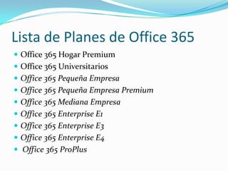 Lista de Planes de Office 365
 Office 365 Hogar Premium
 Office 365 Universitarios
 Office 365 Pequeña Empresa
 Office 365 Pequeña Empresa Premium
 Office 365 Mediana Empresa
 Office 365 Enterprise E1
 Office 365 Enterprise E3
 Office 365 Enterprise E4
 Office 365 ProPlus
 