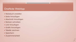 OneNote WebApp
 Notizbuch erstellen
 Seite hinzufügen
 Abschnitt hinzufügen
 Notizen schreiben
 Link hinzufügen
 Grafik hinzufügen
 Tabelle zeichnen
 Speichern
 Zusammenarbeit
 