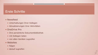 Erste Schritte
 Newsfeed
 Unterhaltungen Ihrer Kollegen
 Aktualisierungen ihrer Aktivitäten
 OneDrive Pro
 Ihre persönliche Dokumentbibliothek
 mit Kollegen teilen
 von allen Geräten zugreifen
 Websites
 folgen
 darauf zugreifen
 