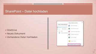 SharePoint – Datei hochladen
 OneDrive
 Neues Dokument
 Vorhandene Datei hochladen
 
