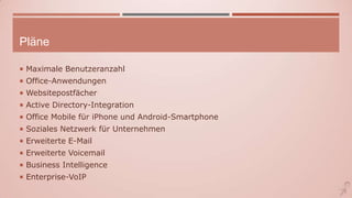 Pläne
 Maximale Benutzeranzahl
 Office-Anwendungen
 Websitepostfächer
 Active Directory-Integration
 Office Mobile für iPhone und Android-Smartphone
 Soziales Netzwerk für Unternehmen
 Erweiterte E-Mail
 Erweiterte Voicemail
 Business Intelligence
 Enterprise-VoIP
 