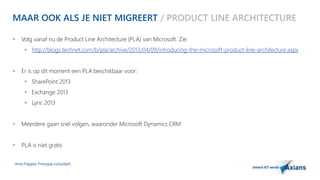 MAAR OOK ALS JE NIET MIGREERT / PRODUCT LINE ARCHITECTURE 
 Volg vanaf nu de Product Line Architecture (PLA) van Microsoft. Zie: 
 http://blogs.technet.com/b/pla/archive/2013/04/09/introducing-the-microsoft-product-line-architecture.aspx 
 Er is op dit moment een PLA beschikbaar voor: 
 SharePoint 2013 
 Exchange 2013 
 Lync 2013 
 Meerdere gaan snel volgen, waaronder Microsoft Dynamics CRM 
 PLA is niet gratis 
Arno Flapper, Prinicipal consultant 
 