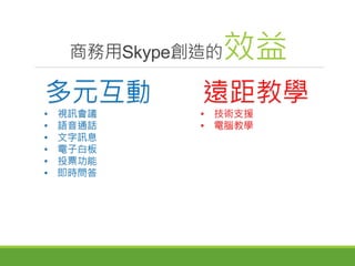 多元互動
• 視訊會議
• 語音通話
• 文字訊息
• 電子白板
• 投票功能
• 即時問答
遠距教學
• 技術支援
• 電腦教學
商務用Skype創造的效益
 