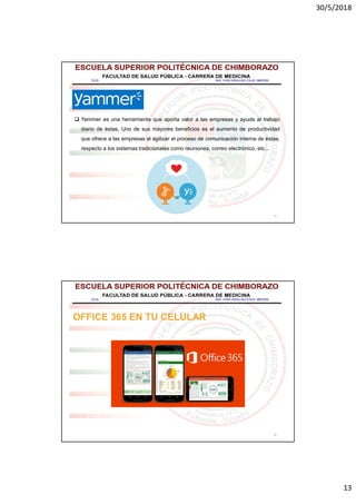 30/5/2018
13
25
 Yammer es una herramienta que aporta valor a las empresas y ayuda al trabajo
diario de éstas. Uno de sus mayores beneficios es el aumento de productividad
que ofrece a las empresas al agilizar el proceso de comunicación interna de éstas,
respecto a los sistemas tradicionales como reuniones, correo electrónico, etc...
26
OFFICE 365 EN TU CELULAR
 