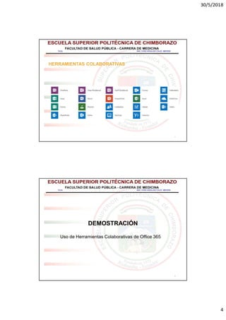 30/5/2018
4
7
HERRAMIENTAS COLABORATIVAS
8
DEMOSTRACIÓN
Uso de Herramientas Colaborativas de Office 365
 