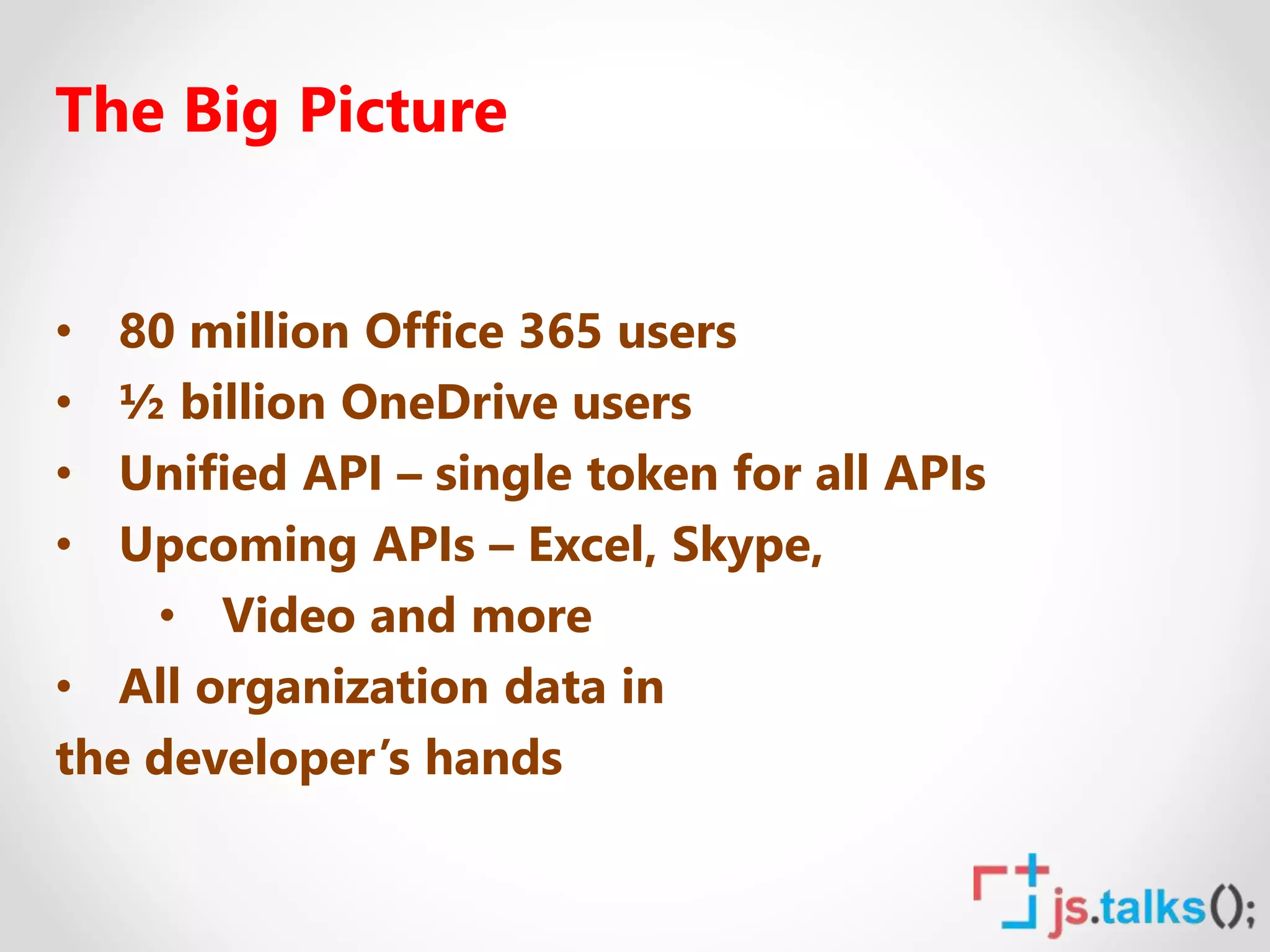 The Big Picture
• 80 million Office 365 users
• ½ billion OneDrive users
• Unified API – single token for all APIs
• Upcoming APIs – Excel, Skype,
• Video and more
• All organization data in
the developer’s hands
 