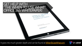 GET HELP WITH
“THE WHEN TO USE WHAT”
OFFICE 365 WHITEPAPER!
It goes into much greater depth and can be found at WhenToUseWhat.com
 