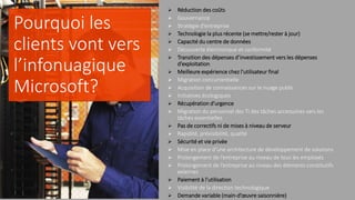  Réduction des coûts
 Gouvernance
 Stratégie d’entreprise
 Technologie la plus récente (se mettre/rester à jour)
 Capacité du centre de données
 Découverte électronique et conformité
 Transition des dépenses d’investissement vers les dépenses
d’exploitation
 Meilleure expérience chez l’utilisateur final
 Migration concurrentielle
 Acquisition de connaissances sur le nuage public
 Initiatives écologiques
 Récupération d’urgence
 Migration du personnel des TI des tâches accessoires vers les
tâches essentielles
 Pas de correctifs ni de mises à niveau de serveur
 Rapidité, prévisibilité, qualité
 Sécurité et vie privée
 Mise en place d’une architecture de développement de solutions
 Prolongement de l’entreprise au niveau de tous les employés
 Prolongement de l’entreprise au niveau des éléments constitutifs
externes
 Paiement à l’utilisation
 Visibilité de la direction technologique
 Demande variable (main-d’œuvre saisonnière)
 