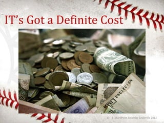 IT’s Got a Definite Cost




                    13 | SharePoint Saturday Louisville 2012
 