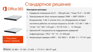 Накладные расходы:
1. Серверное помещение (9 м2) - 300 руб./мес. *12мес.*9 м2 = 32 400
2. Электроэнергия: блок питания сервера 750Вт + ИБП 1500 Вт +
Кондиционер 3 кВт. С учетом того, что оборудование не будет
постоянно работать на полную мощность: 0,4 кВт + 0,1 кВт + 1кВт =
1,5 Квт * 24 * 365 * 2,55 руб. = 19 710 *2,55 = 13 140 руб.
3. Зарплата ИТ-специалиста на поддержание серверной
инфраструктуры: 178,5 * 10 * 12 = 21 420 руб.
4. Амортизация сервера и ИБП – 352 200:3 + 55 000 : 5 = 117 411 руб.
 