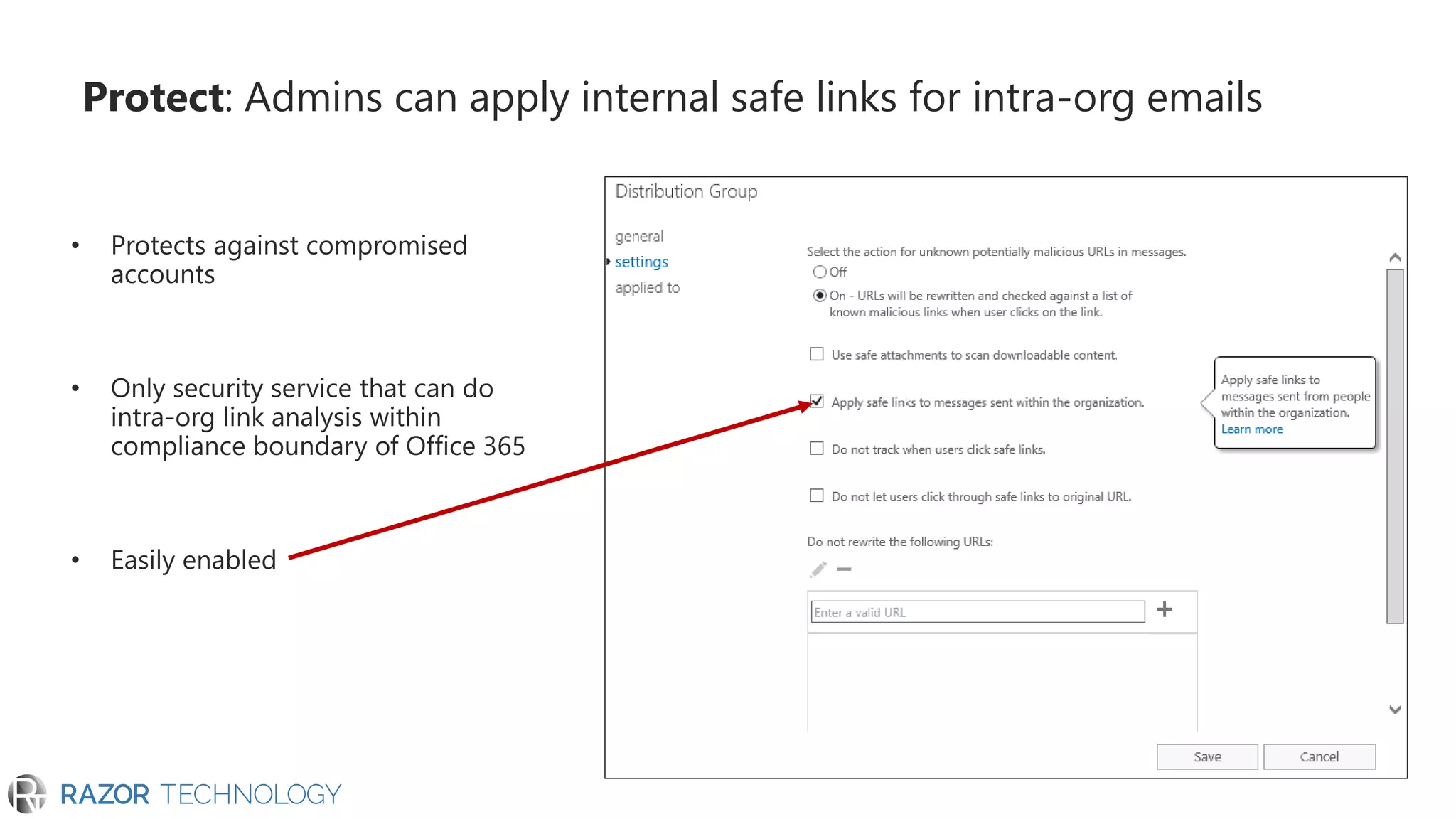 Protect: Admins can apply internal safe links for intra-org emails
 