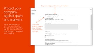 Take advantage of 
powerful and always 
up-to-date protection 
that’s easy to manage 
and deploy 
Easy to manage and deploy anti-malware 
Anti-spam 
policies to keep 
your business 
secure and free 
of clutter 
 