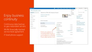 Continuous data backup 
to geo-redundant servers 
99.9% financially-backed 
service level agreement 
IT level phone support 
Gives you peace of 
mind that Microsoft is 
committed to a 99.9% 
financially backed SLA 
 