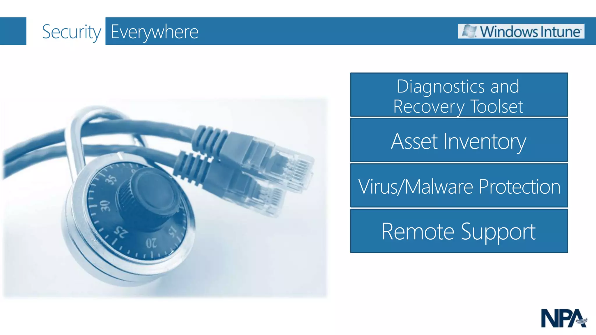 Security Everywhere

                          Diagnostics and
                          Recovery Toolset
                         Asset Inventory
                      Virus/Malware Protection

                        Remote Support
 