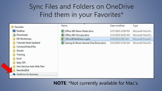 Sync Files and Folders on OneDrive
Find them in your Favorites*
NOTE: *Not currently available for Mac’s.
 