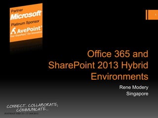 1




        Office 365 and
SharePoint 2013 Hybrid
         Environments
               Rene Modery
                 Singapore
 