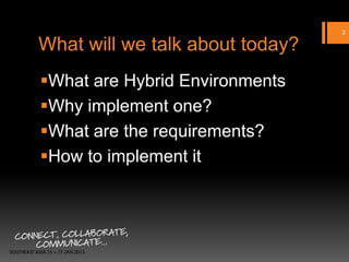 2

What will we talk about today?
What are Hybrid Environments
Why implement one?
What are the requirements?
How to im...