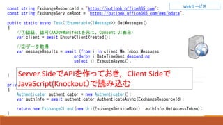 Webサービス
Server SideでAPIを作っておき, Client Sideで
JavaScript(Knockout）で読み込む
 