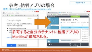 参考：他者アプリの場合
Webサービス
松崎さんBlog
http://blogs.msdn.com/b/tsmatsuz/archive/2011/06/29/office-365-develop-sample-application-sharepoint-online-exchange-online-lync-online.aspx
許可すると自分のテナントに他者アプリの
Manifesが追加される。
参考：https://o365apisample.azurewebsites.net/
 