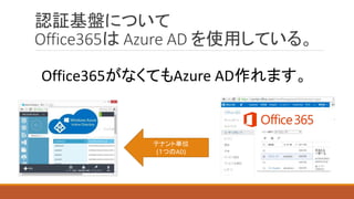 認証基盤について
Office365は Azure AD を使用している。
テナント単位
(１つのAD)
Office365がなくてもAzure AD作れます。
 