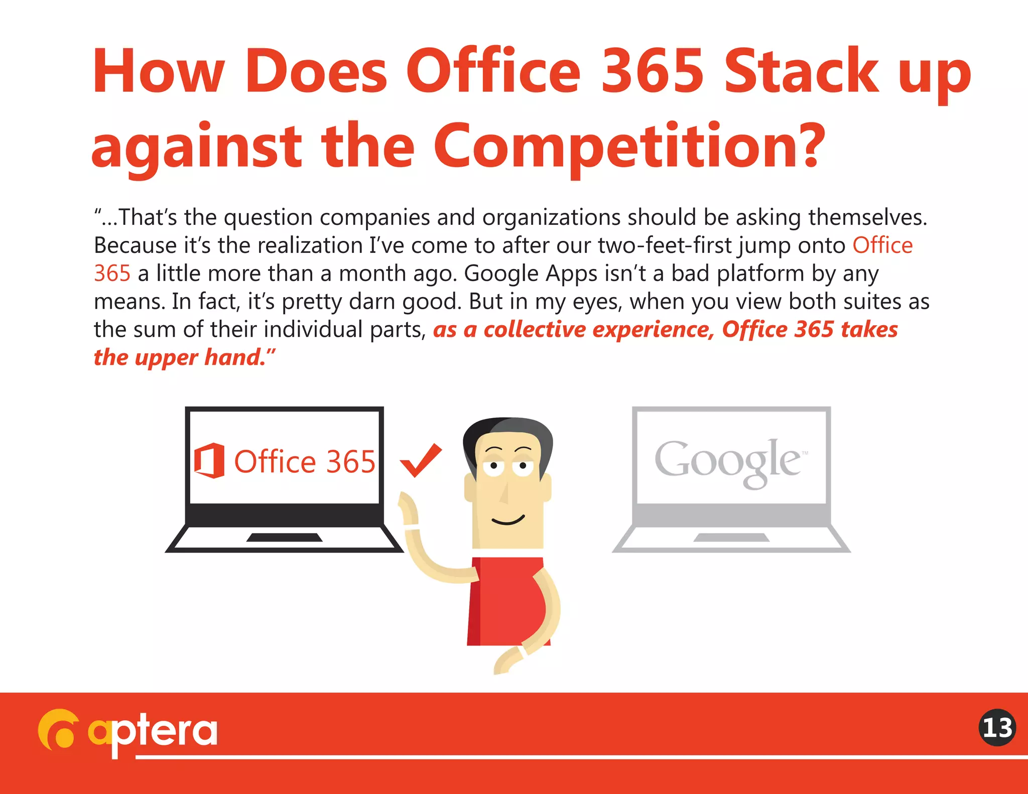 “…That’s the question companies and organizations should be asking themselves.
Because it’s the realization I’ve come to after our two-feet-first jump onto Office
365 a little more than a month ago. Google Apps isn’t a bad platform by any
means. In fact, it’s pretty darn good. But in my eyes, when you view both suites as
the sum of their individual parts, as a collective experience, Office 365 takes
the upper hand.”
How Does Office 365 Stack up
against the Competition?
13
 