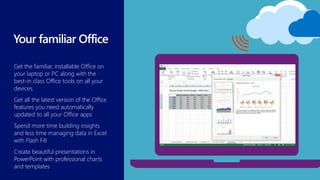 Get the familiar, installable Office on
your laptop or PC along with the
best-in class Office tools on all your
devices.
Get all the latest version of the Office
features you need automatically
updated to all your Office apps
Spend more time building insights
and less time managing data in Excel
with Flash Fill
Create beautiful presentations in
PowerPoint with professional charts
and templates
 