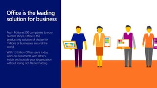 From Fortune 500 companies to your
favorite shops, Office is the
productivity solution of choice for
millions of businesses around the
world
With 1.3 billion Office users today,
work on documents with others
inside and outside your organization
without losing rich file formatting
 