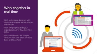 Work on the same document with
others on any device and see edits as
they happen
Work with people outside your
organization even if they don’t have
Office
Add comments or track changes
while you work with others on Word,
Excel, and PowerPoint
 