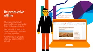 Maximize productivity by
working offline on your familiar
Office desktop applications
Sync files to your devices for
offline access so you can take
your work anywhere
Automatically re-sync edits
when you reconnect to the
internet
 