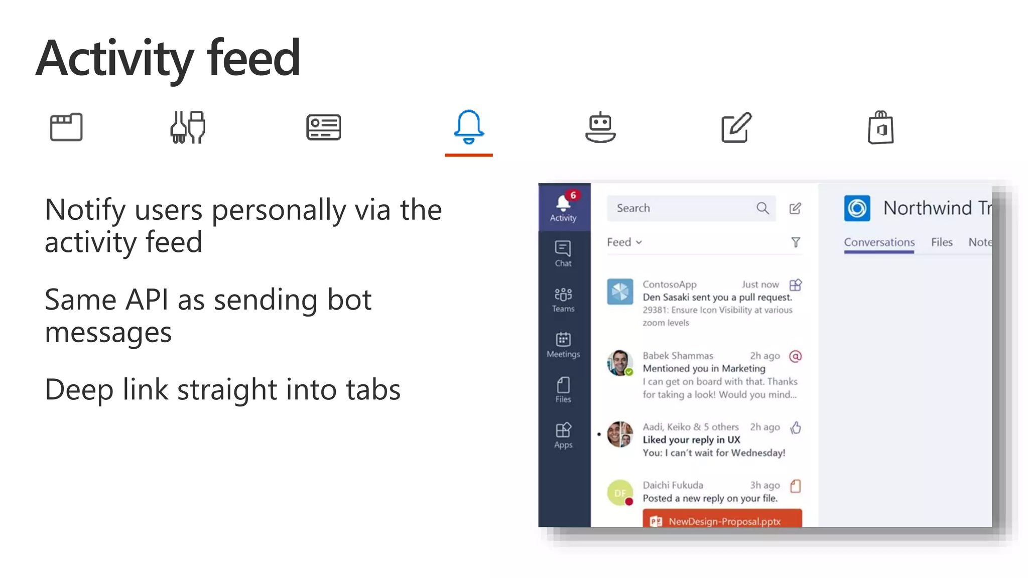 Notify users personally via the
activity feed
Same API as sending bot
messages
Deep link straight into tabs
 