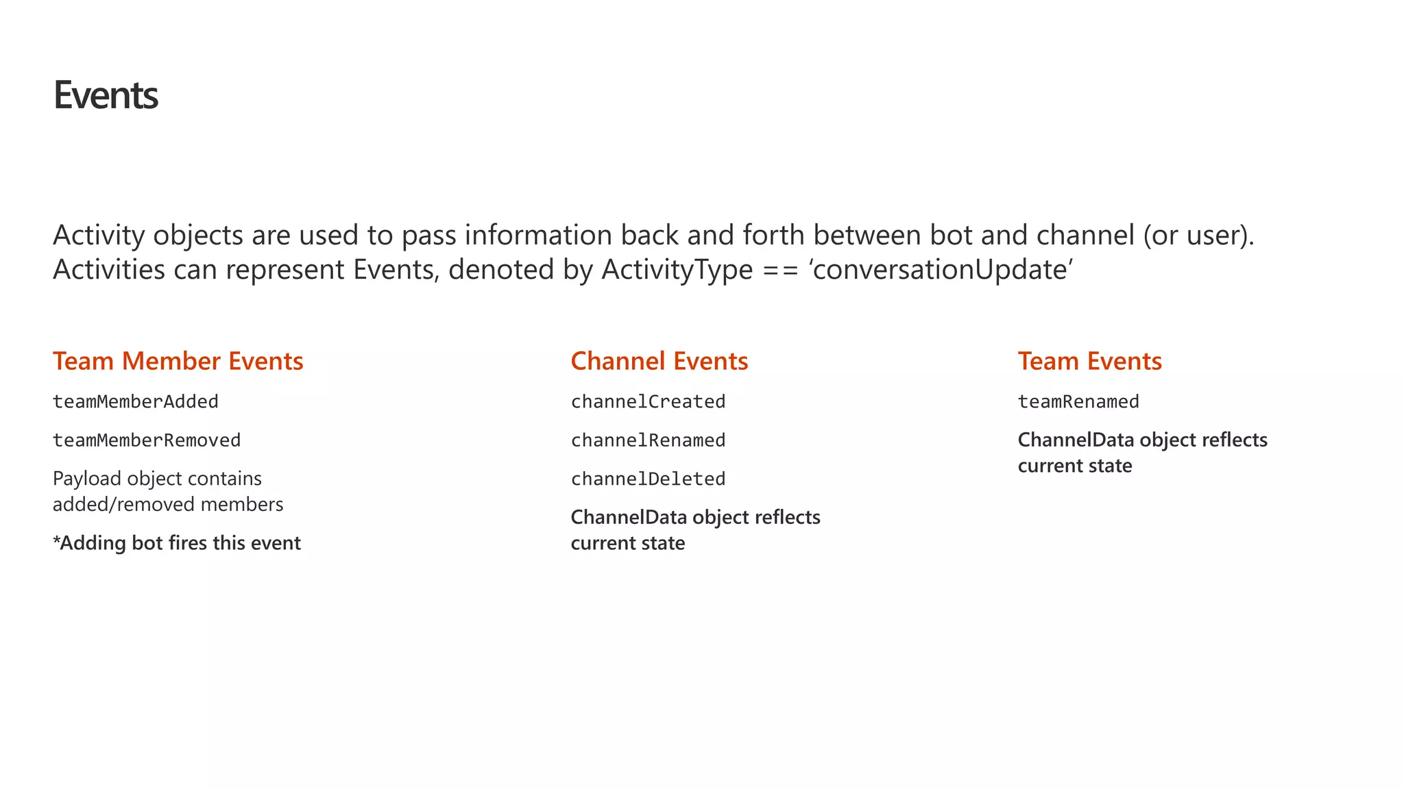 Events
Activity objects are used to pass information back and forth between bot and channel (or user).
Activities can represent Events, denoted by ActivityType == ‘conversationUpdate’
Team Member Events
teamMemberAdded
teamMemberRemoved
Payload object contains
added/removed members
*Adding bot fires this event
Channel Events
channelCreated
channelRenamed
channelDeleted
ChannelData object reflects
current state
Team Events
teamRenamed
ChannelData object reflects
current state
 