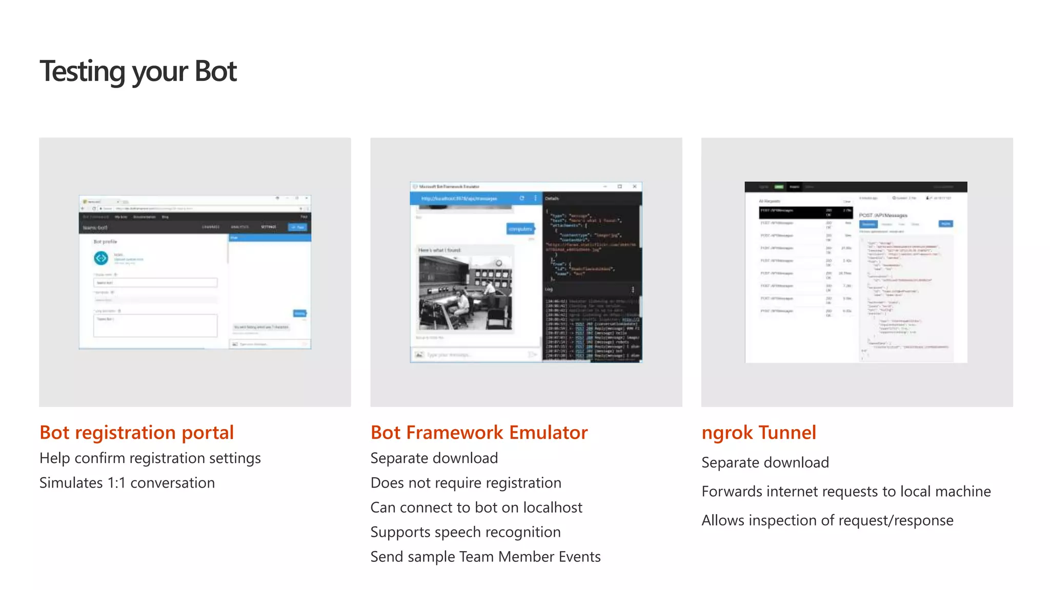 Testing your Bot
Bot registration portal
Help confirm registration settings
Simulates 1:1 conversation
Bot Framework Emulator
Separate download
Does not require registration
Can connect to bot on localhost
Supports speech recognition
Send sample Team Member Events
ngrok Tunnel
Separate download
Forwards internet requests to local machine
Allows inspection of request/response
 