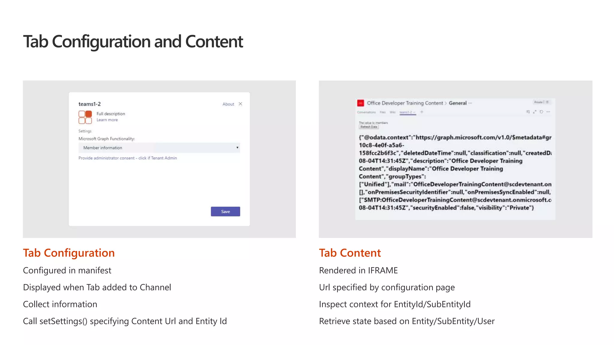Tab Configuration and Content
Tab Configuration
Configured in manifest
Displayed when Tab added to Channel
Collect information
Call setSettings() specifying Content Url and Entity Id
Tab Content
Rendered in IFRAME
Url specified by configuration page
Inspect context for EntityId/SubEntityId
Retrieve state based on Entity/SubEntity/User
 