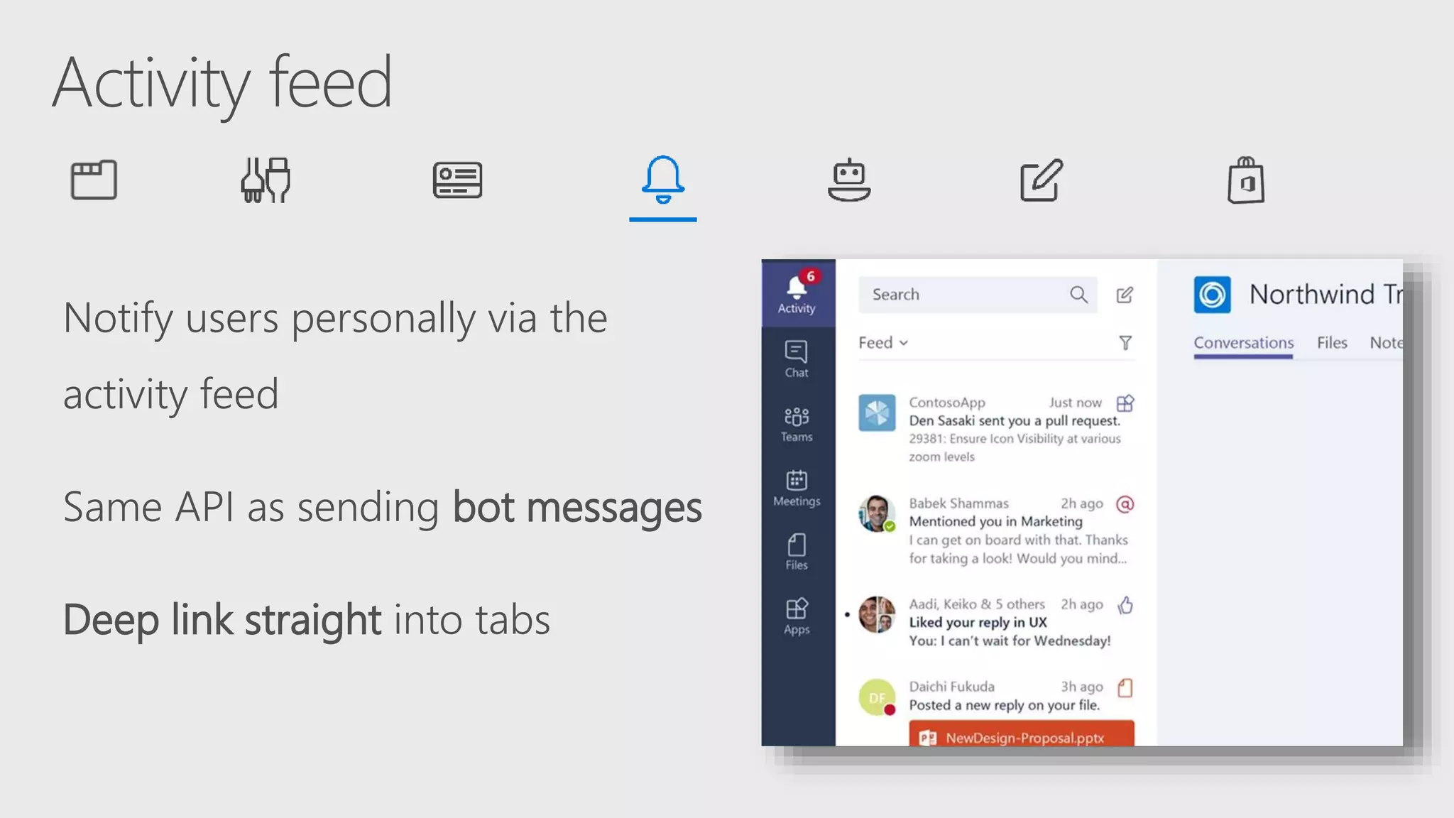 Notify users personally via the
activity feed
Same API as sending bot messages
Deep link straight into tabs
 