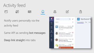 Notify users personally via the
activity feed
Same API as sending bot messages
Deep link straight into tabs
 