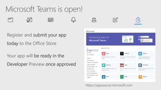 Register and submit your app
today to the Office Store
Your app will be ready in the
Developer Preview once approved
https://appsource.microsoft.com
 