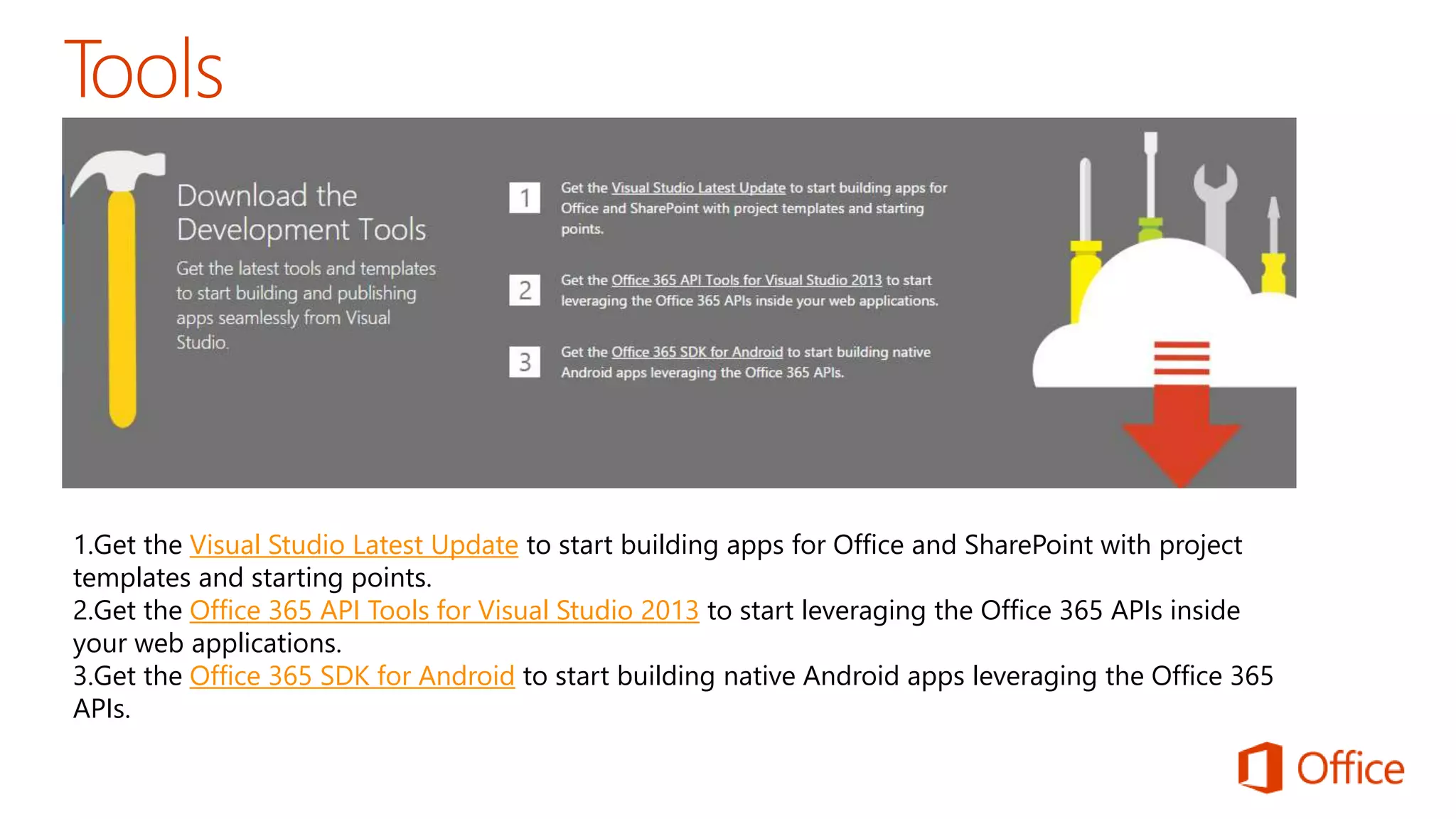 1.Get the Visual Studio Latest Update to start building apps for Office and SharePoint with project 
templates and starting points. 
2.Get the Office 365 API Tools for Visual Studio 2013 to start leveraging the Office 365 APIs inside 
your web applications. 
3.Get the Office 365 SDK for Android to start building native Android apps leveraging the Office 365 
APIs. 
 